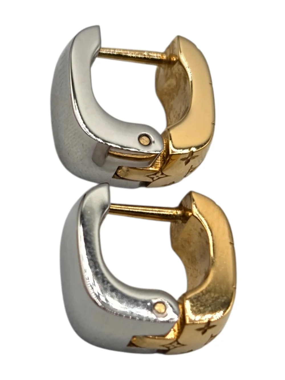 Louis Vuitton 2 Tone Nanogram Mini Hoop Earrings